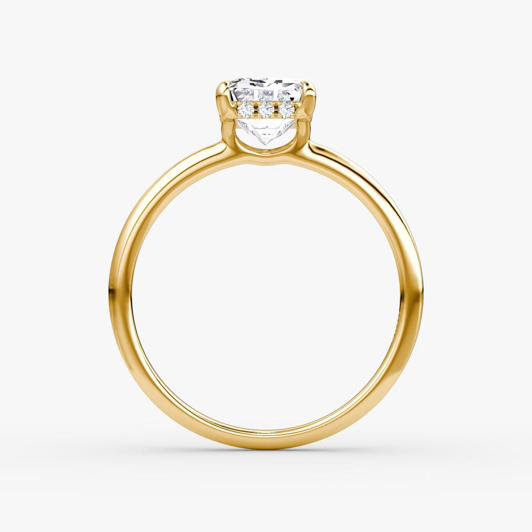 Emerald Cut - Plain Band Hidden Halo - Classic Engagement Ring- 18 K Gold