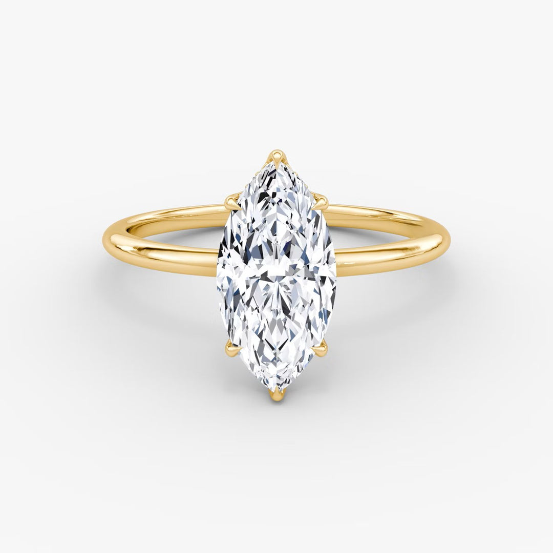 Marquise Cut - Plain Band Hidden Halo - Classic Engagement Ring- 14 K Gold