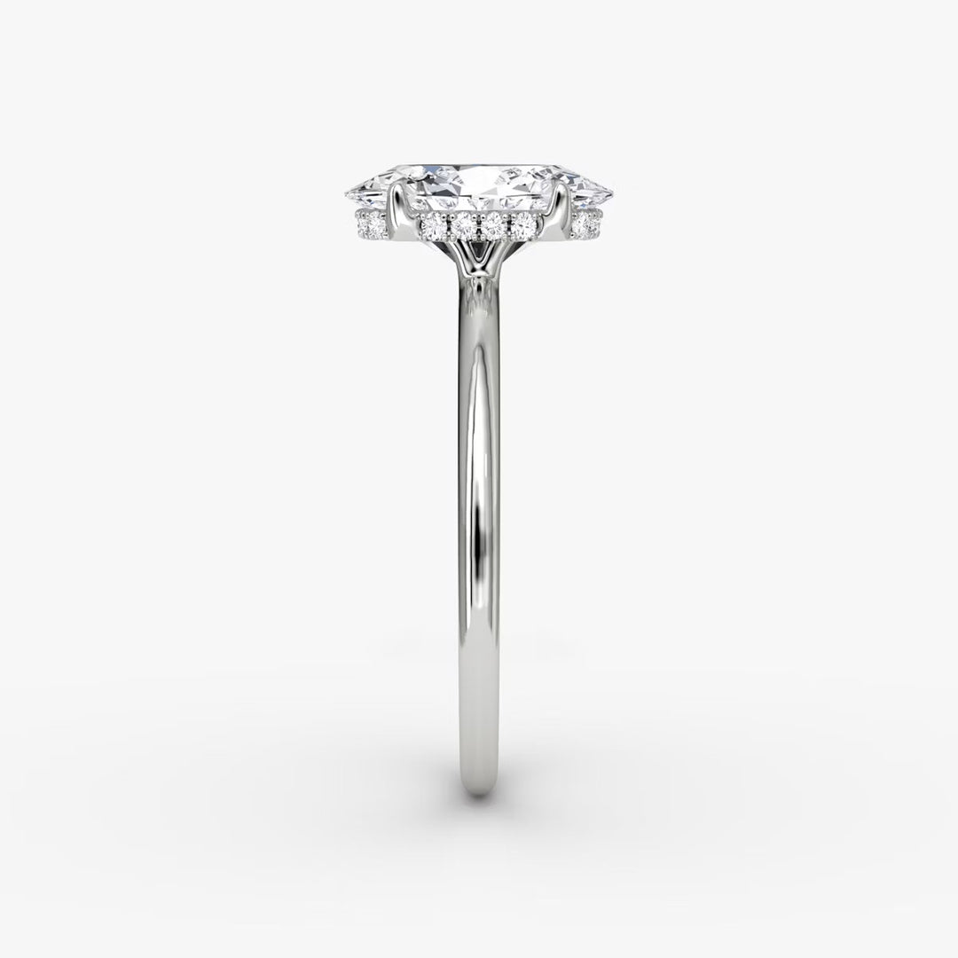 Oval Cut - Plain Band Hidden Halo - Classic Engagement Ring- 18 K Gold