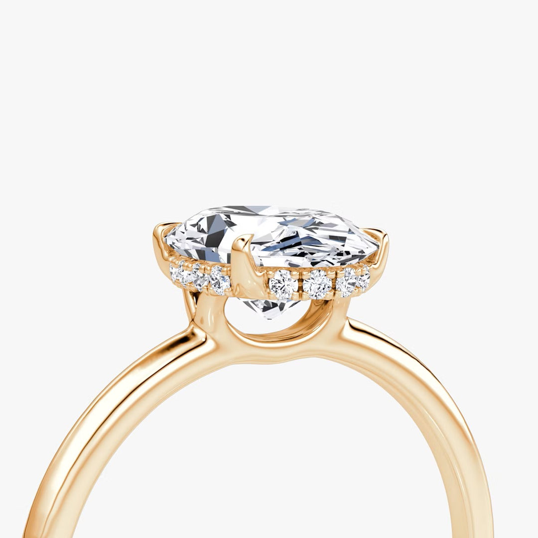 Oval Cut - Plain Band Hidden Halo - Classic Engagement Ring- 18 K Gold