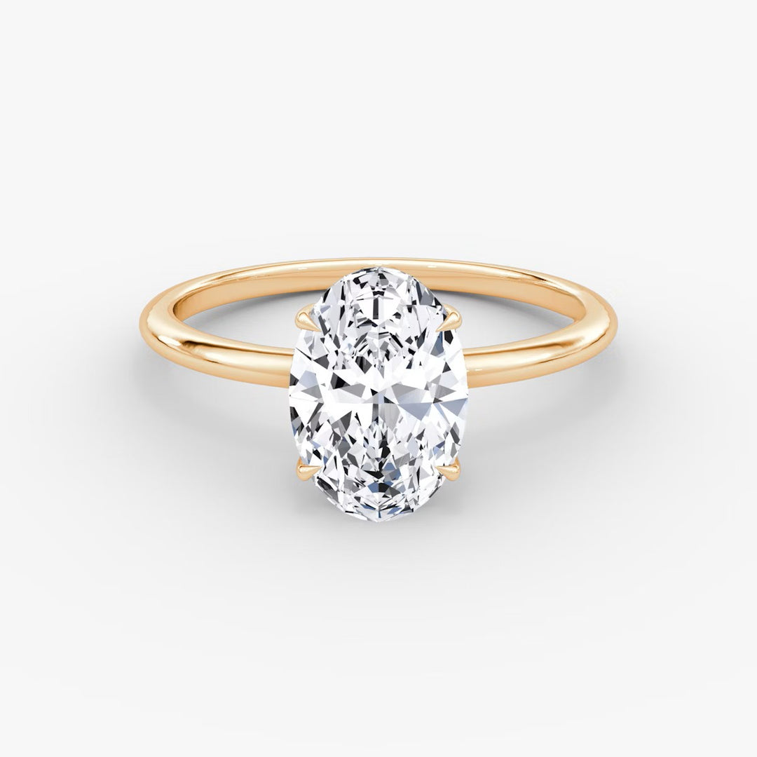 Oval Cut - Plain Band Hidden Halo - Classic Engagement Ring- 18 K Gold