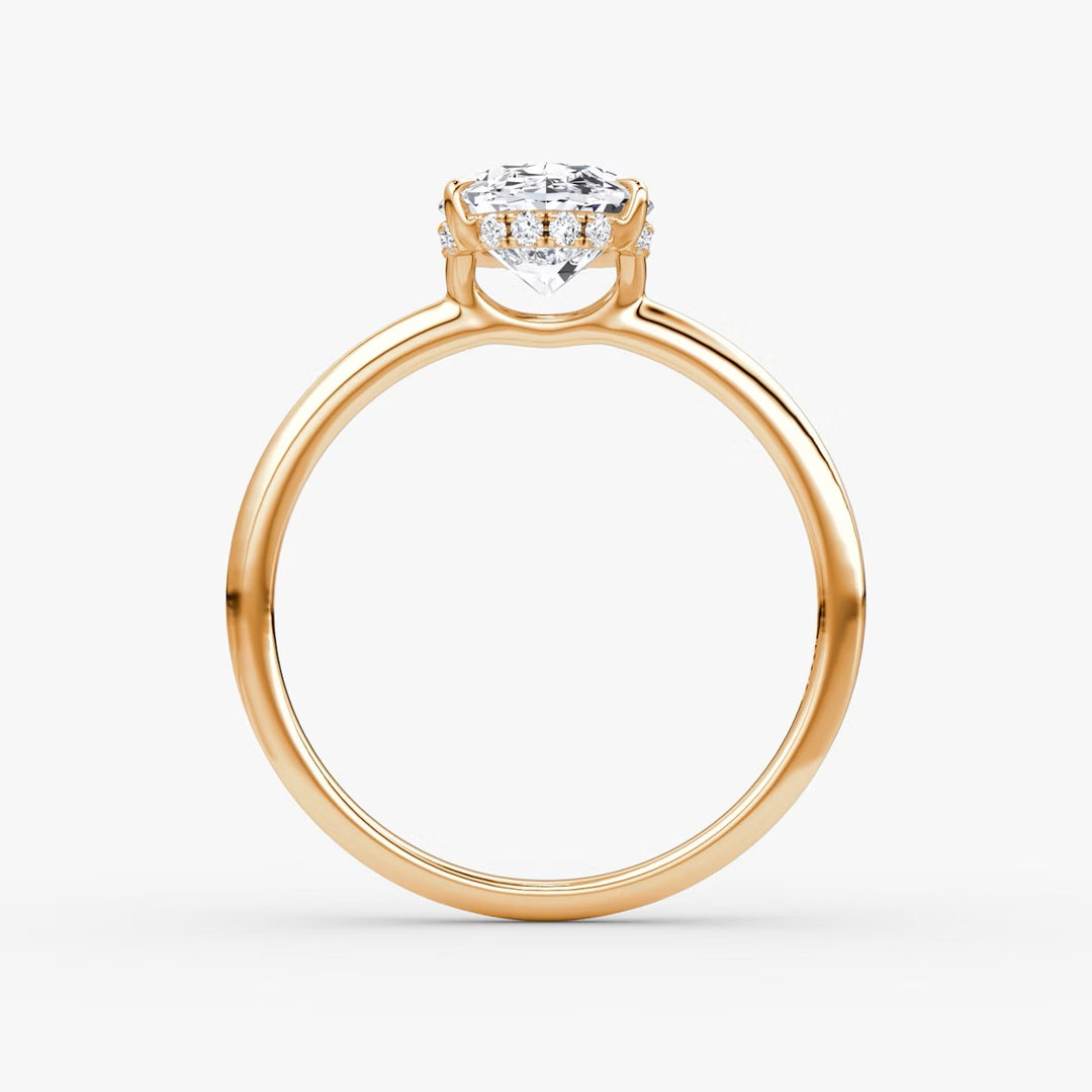 Oval Cut - Plain Band Hidden Halo - Classic Engagement Ring- 18 K Gold