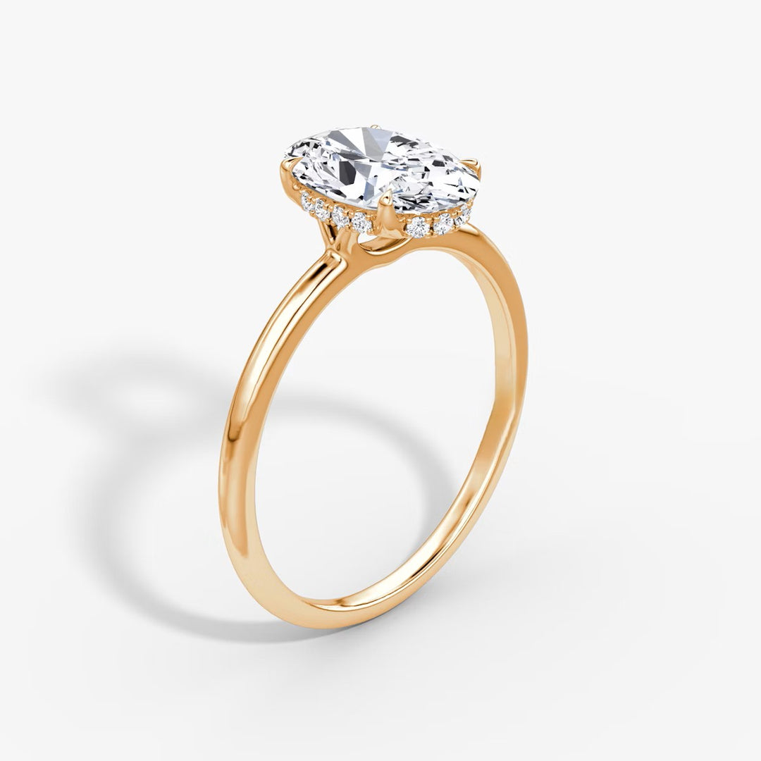 Oval Cut - Plain Band Hidden Halo - Classic Engagement Ring- 18 K Gold