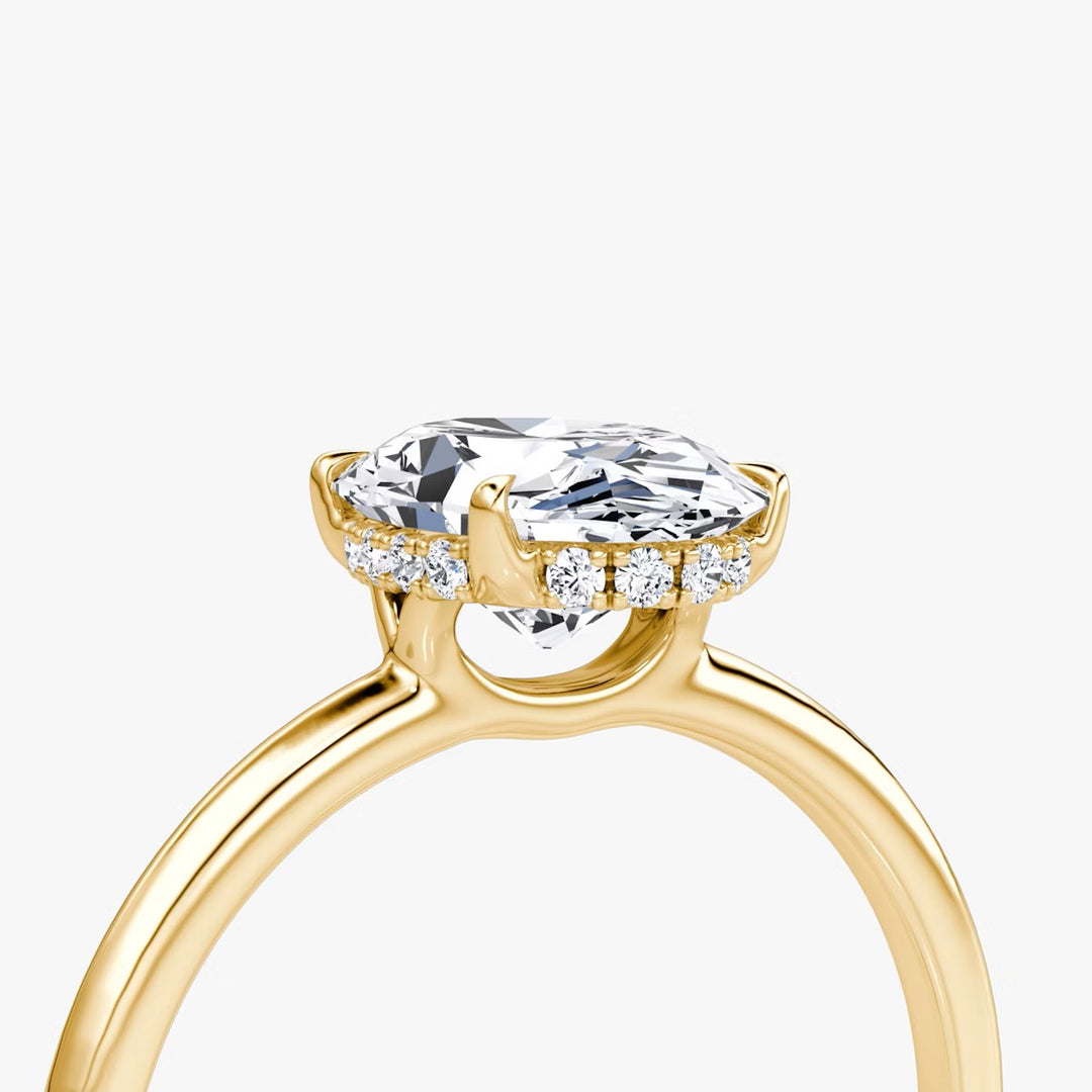 Oval Cut - Plain Band Hidden Halo - Classic Engagement Ring- 18 K Gold