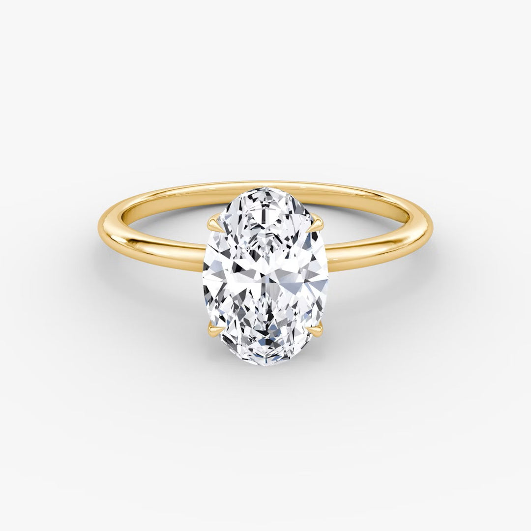 Oval Cut - Plain Band Hidden Halo - Classic Engagement Ring- 18 K Gold