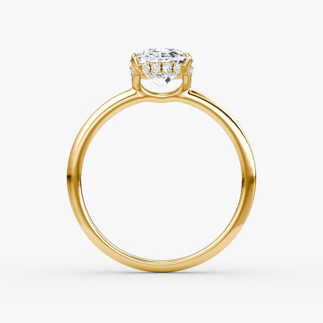 Oval Cut - Plain Band Hidden Halo - Classic Engagement Ring- 18 K Gold