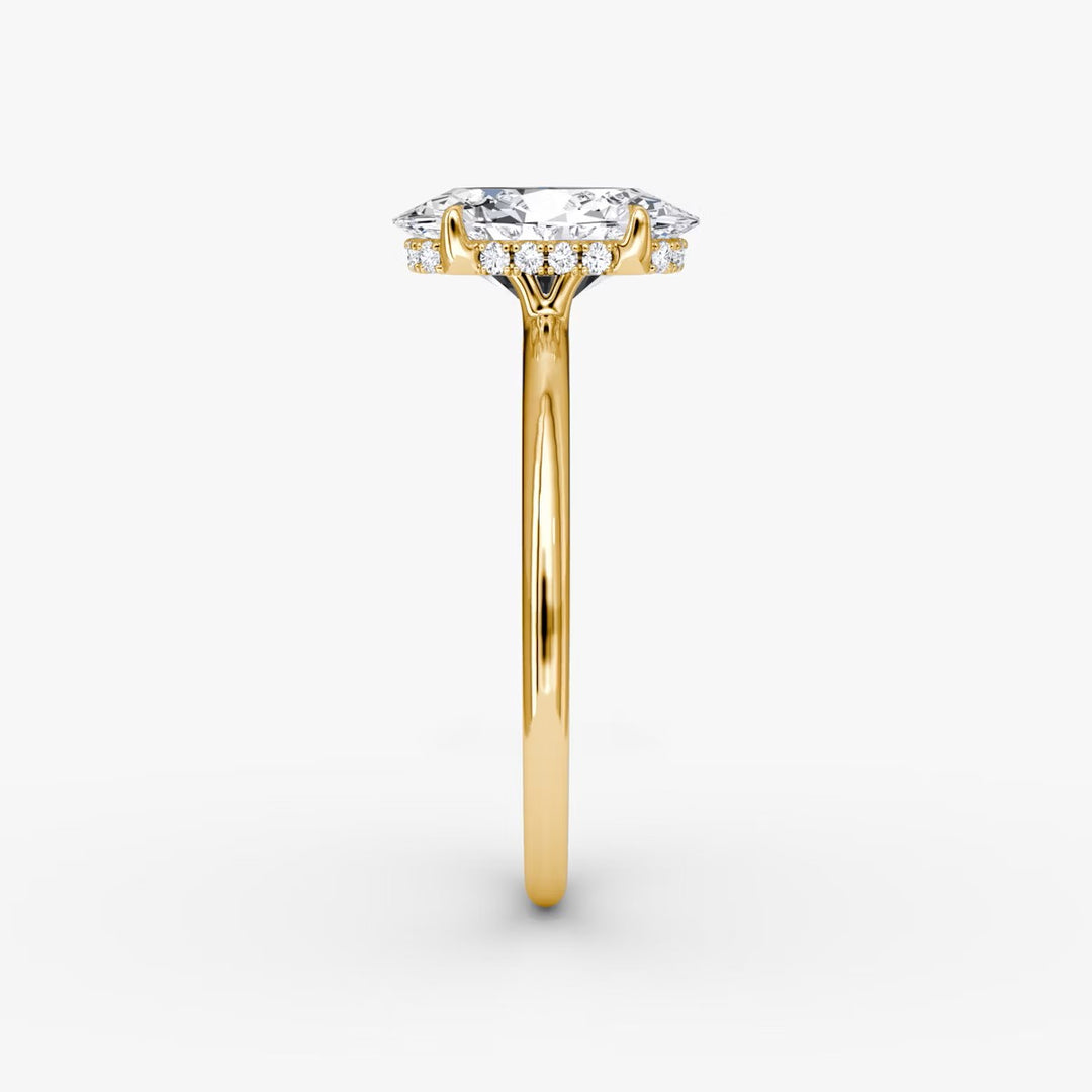 Oval Cut - Plain Band Hidden Halo - Classic Engagement Ring- 18 K Gold