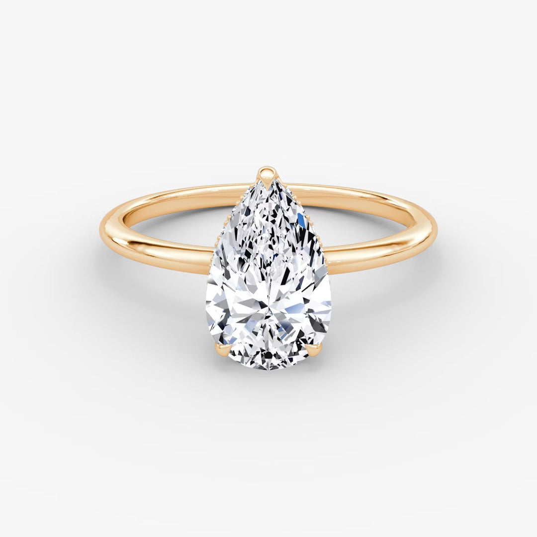 Pear Cut - Plain Band Hidden Halo - Classic Engagement Ring- 18 K Gold