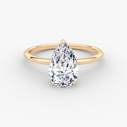 Pear Cut - Plain Band Hidden Halo - Classic Engagement Ring- 14 K Gold