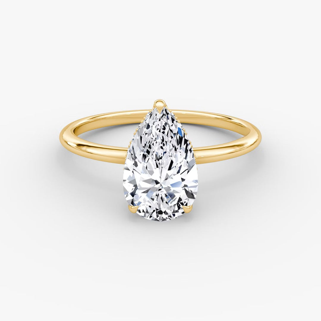 Pear Cut - Plain Band Hidden Halo - Classic Engagement Ring- 18 K Gold