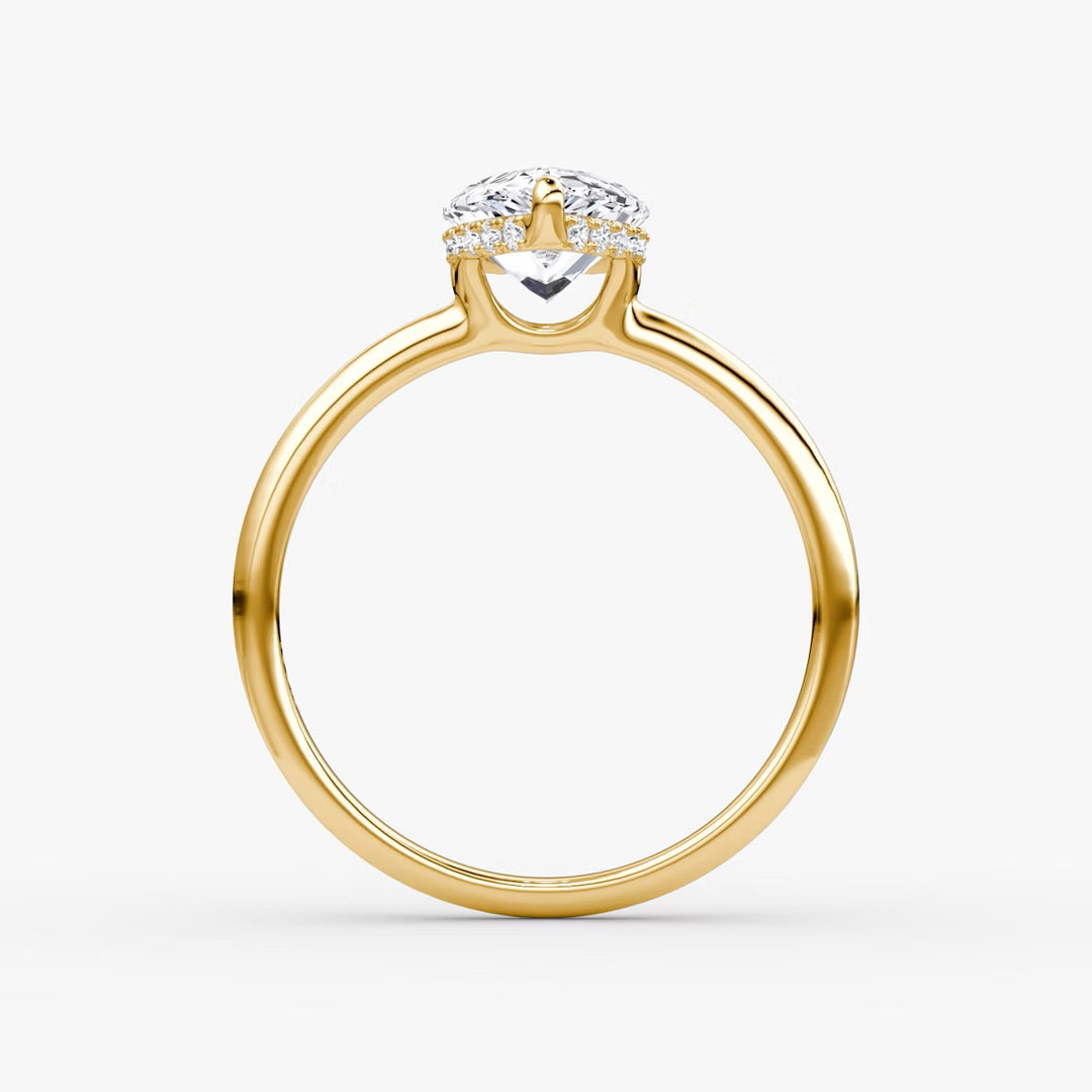 Pear Cut - Plain Band Hidden Halo - Classic Engagement Ring- 18 K Gold