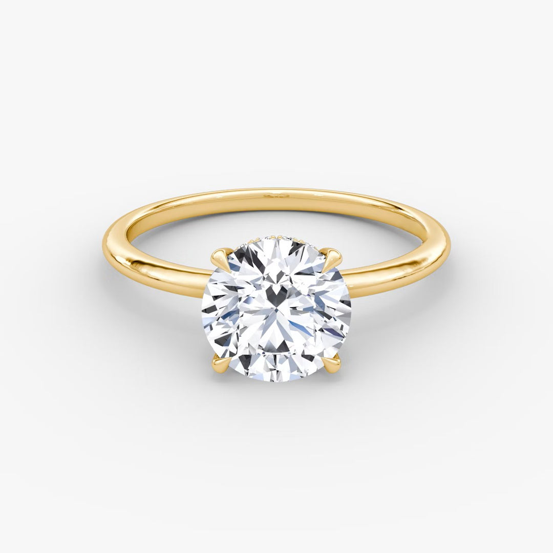 Round Cut - Plain Band Hidden Halo - Classic Engagement Ring- 14 K Gold