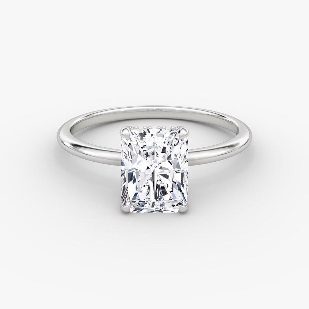Radiant Cut - Plain Band Hidden Halo - Classic Engagement Ring- 14 K Gold