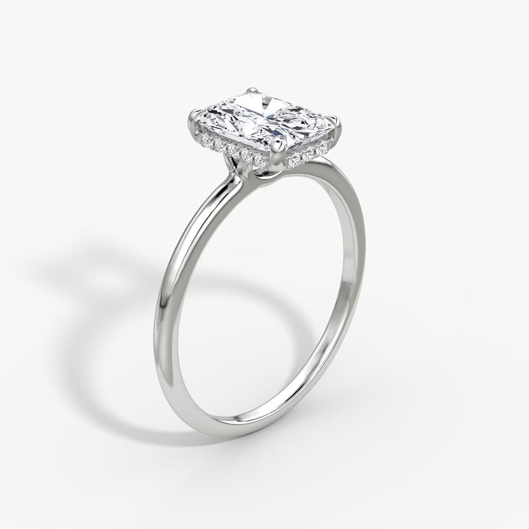 Radiant Cut - Plain Band Hidden Halo - Classic Engagement Ring- 14 K Gold