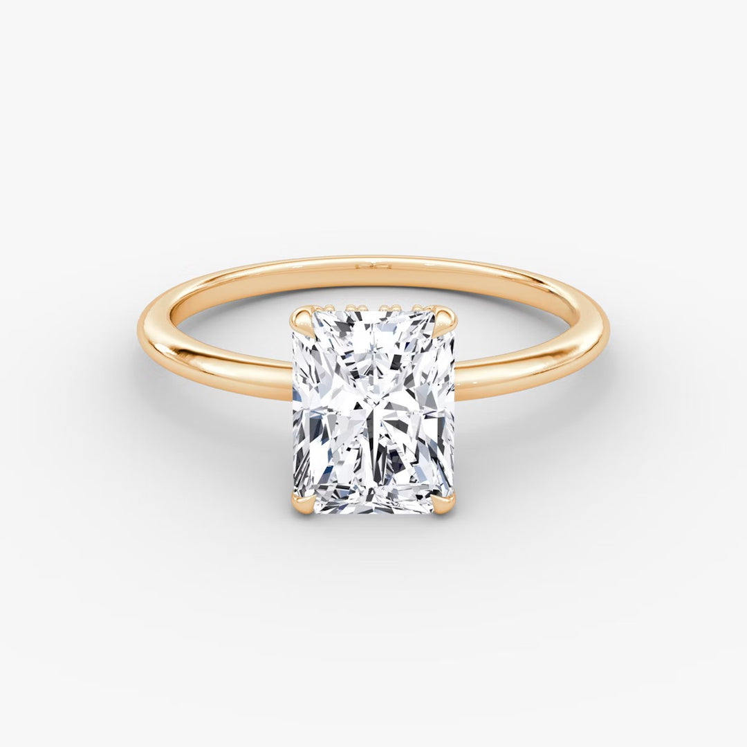 Radiant Cut - Plain Band Hidden Halo - Classic Engagement Ring- 14 K Gold