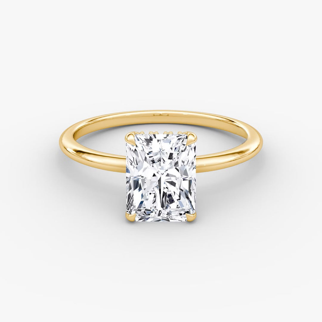 Radiant Cut - Plain Band Hidden Halo - Classic Engagement Ring- 14 K Gold