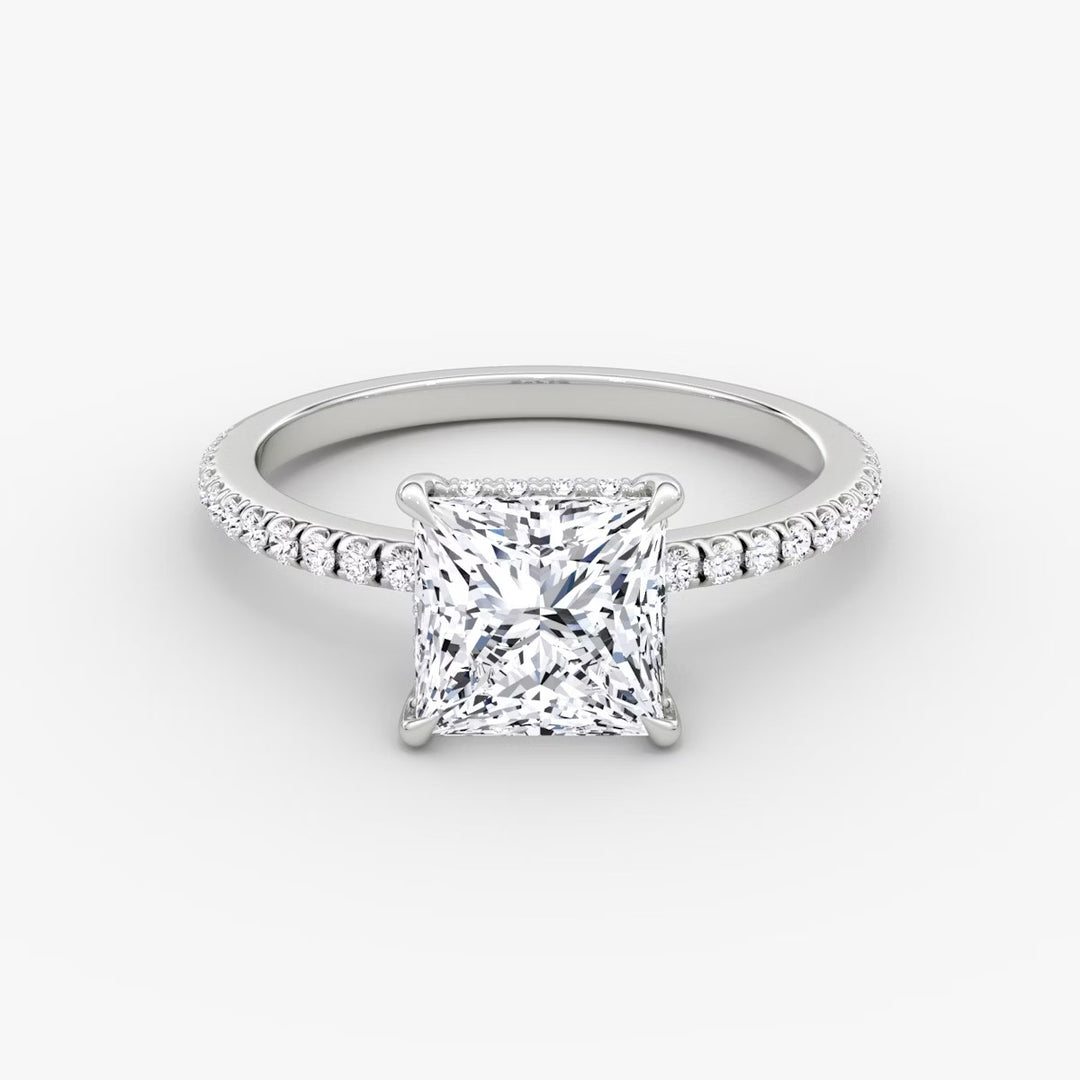Princess Cut - Pave Band Hidden Halo - Classic Engagement Ring- 18 K Gold
