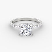 Princess Cut - Pave Band Hidden Halo - Classic Engagement Ring- 18 K Gold
