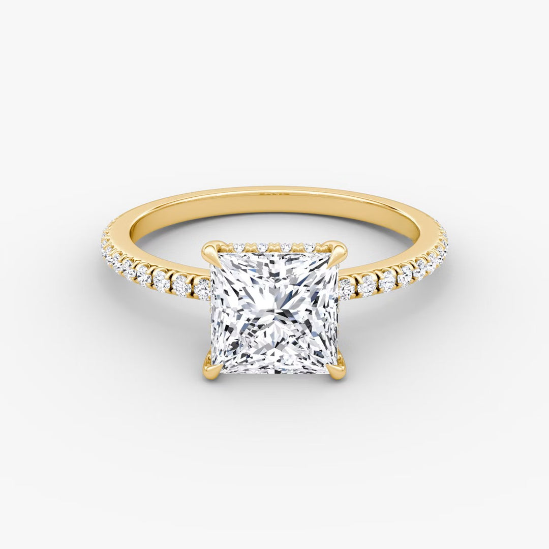 Princess Cut - Pave Band Hidden Halo - Classic Engagement Ring- 18 K Gold