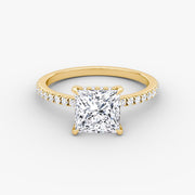 Princess Cut - Pave Band Hidden Halo - Classic Engagement Ring- 18 K Gold