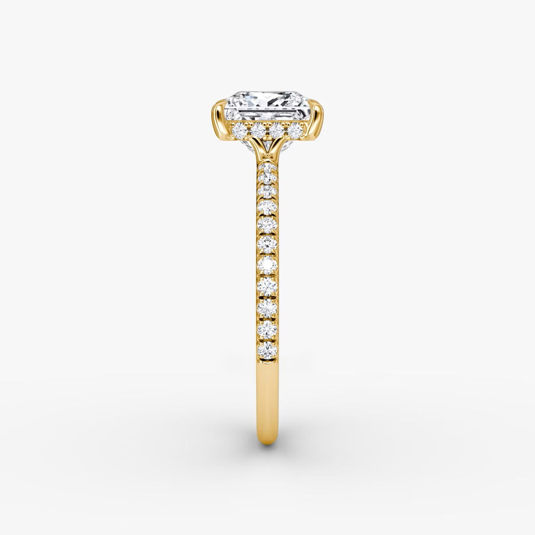 Princess Cut - Pave Band Hidden Halo - Classic Engagement Ring- 18 K Gold