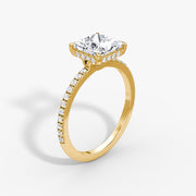 Princess Cut - Pave Band Hidden Halo - Classic Engagement Ring- 18 K Gold