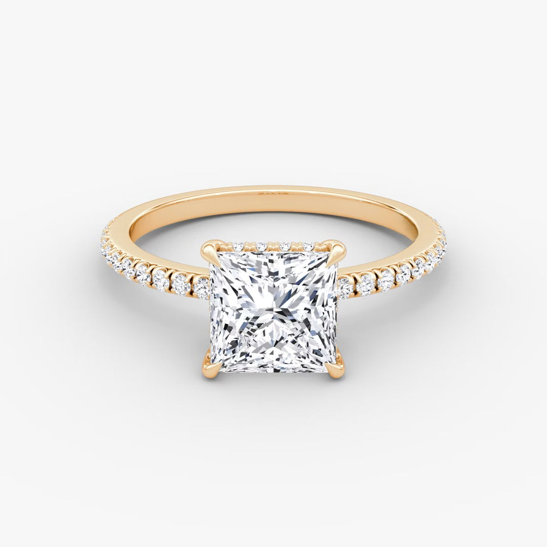 Princess Cut - Pave Band Hidden Halo - Classic Engagement Ring- 18 K Gold