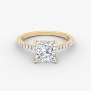 Princess Cut - Pave Band Hidden Halo - Classic Engagement Ring- 18 K Gold