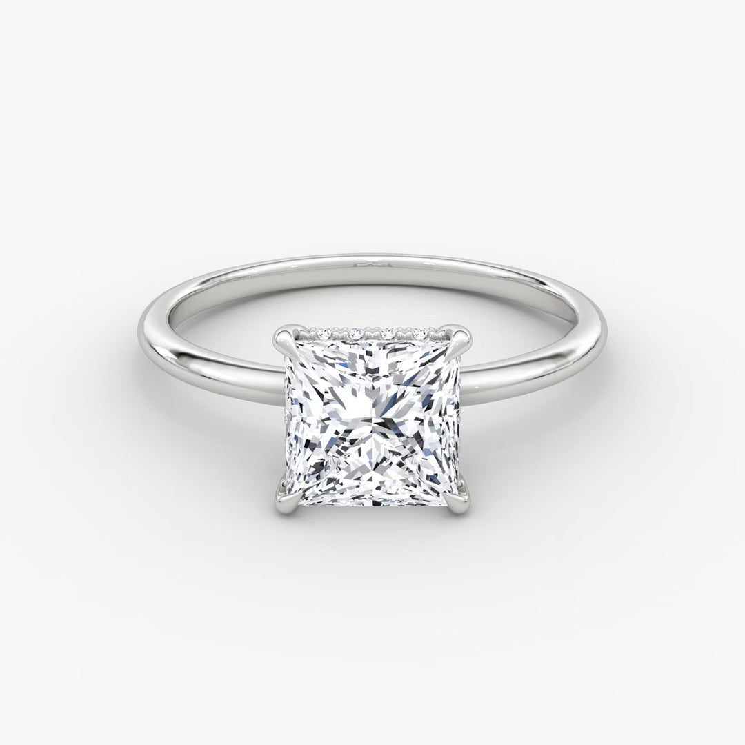 Princess Cut - Plain Band Hidden Halo - Classic Engagement Ring- 14 K Gold