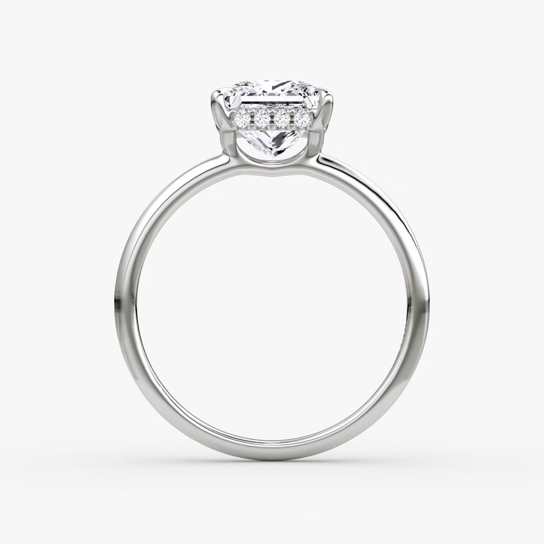 Princess Cut - Plain Band Hidden Halo - Classic Engagement Ring- 14 K Gold