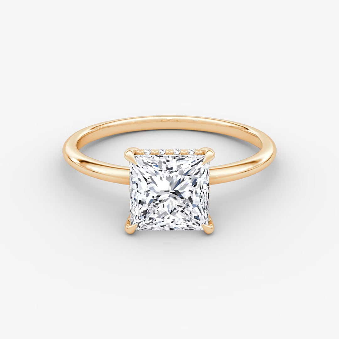 Princess Cut - Plain Band Hidden Halo - Classic Engagement Ring- 14 K Gold