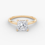 Princess Cut - Plain Band Hidden Halo - Classic Engagement Ring- 14 K Gold