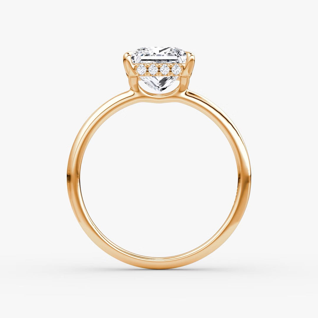 Princess Cut - Plain Band Hidden Halo - Classic Engagement Ring- 14 K Gold