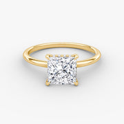 Princess Cut - Plain Band Hidden Halo - Classic Engagement Ring- 14 K Gold
