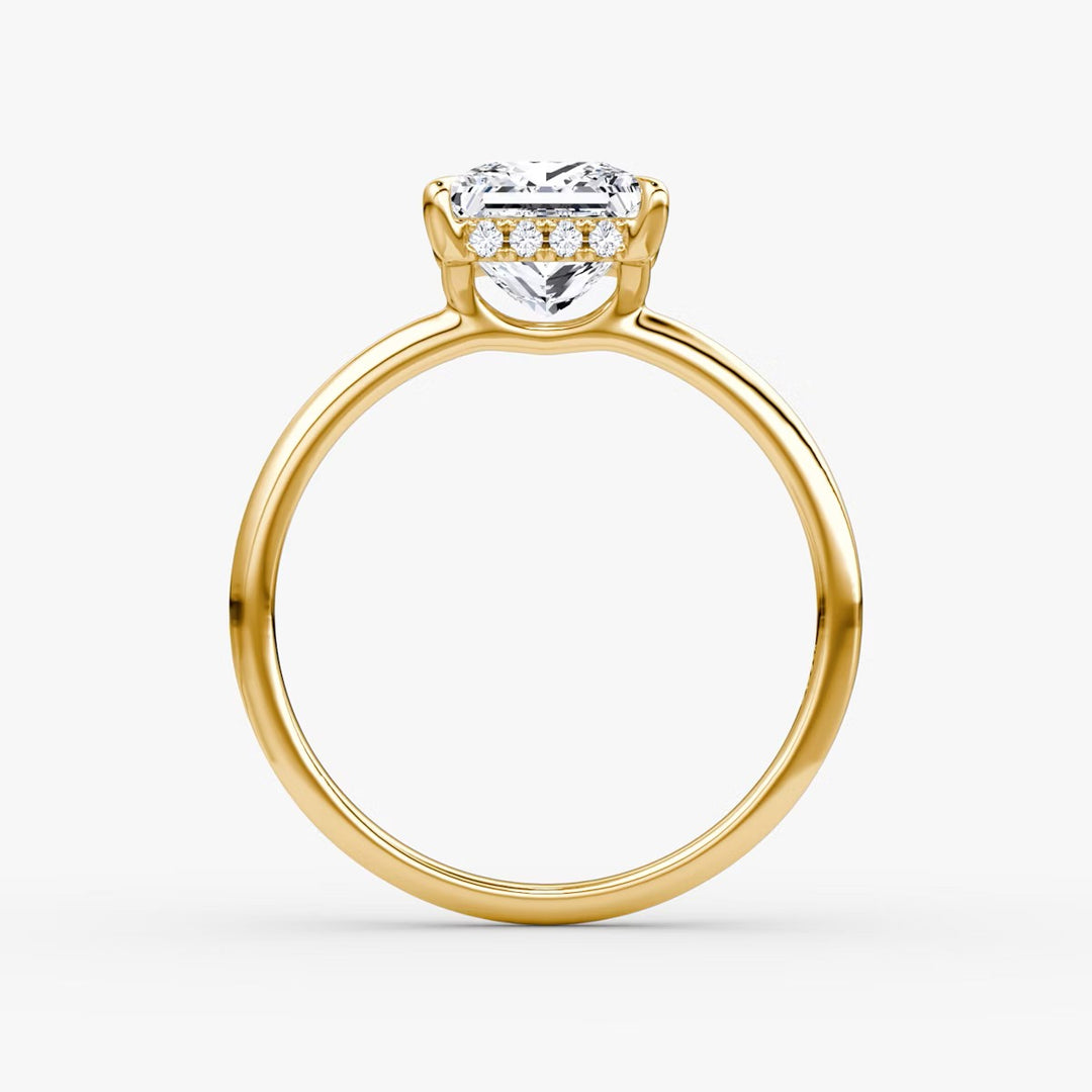 Princess Cut - Plain Band Hidden Halo - Classic Engagement Ring- 14 K Gold