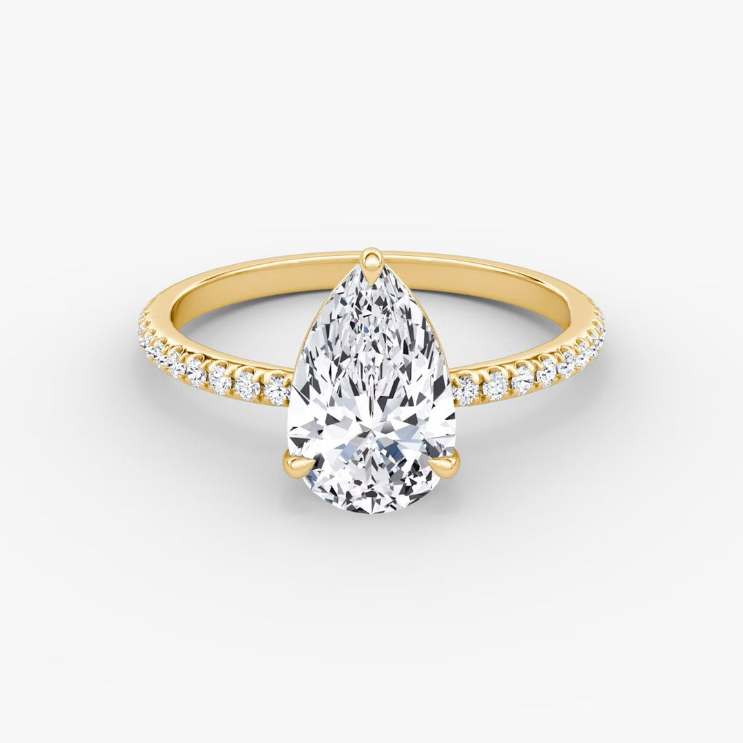 Pear Cut - Pave Band - Classic Engagement Ring- 14 K Gold