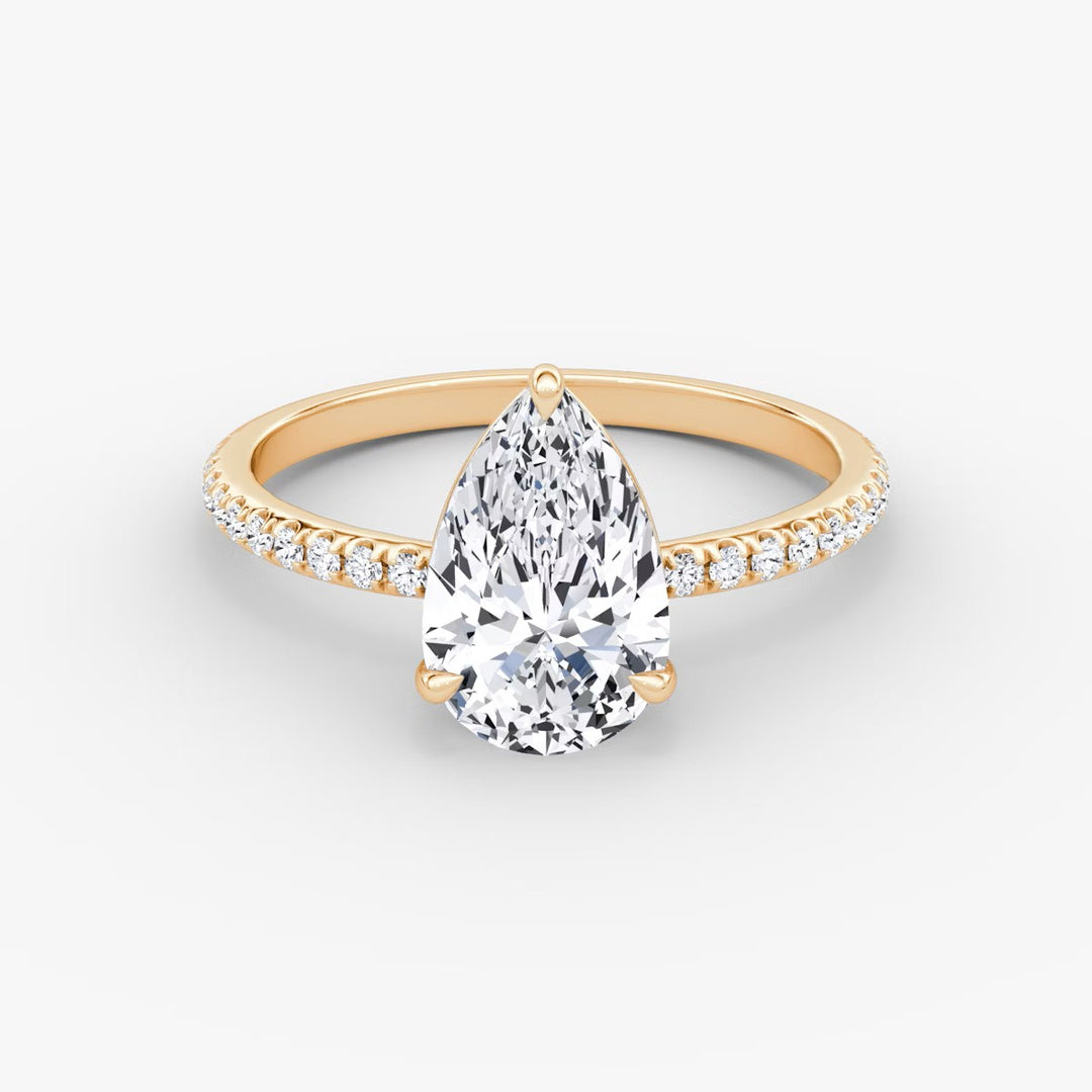 Pear Cut - Pave Band - Classic Engagement Ring- 14 K Gold