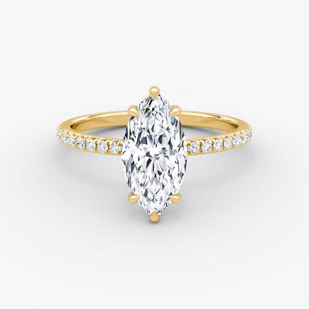 Marquise Cut - Pave Band - Classic Engagement Ring- 14 K Gold