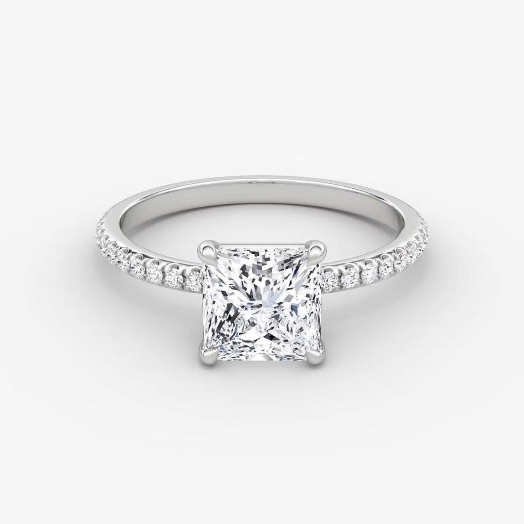 Princess Cut - Pave Band - Classic Engagement Ring- 18 K Gold