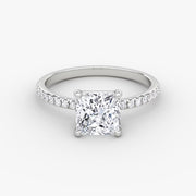 Princess Cut - Pave Band - Classic Engagement Ring- 14 K Gold
