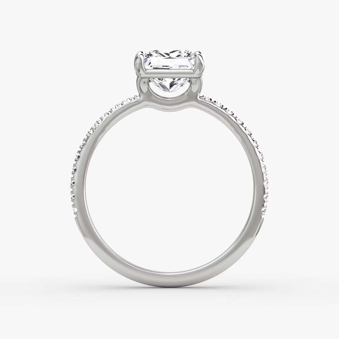 Princess Cut - Pave Band - Classic Engagement Ring- 18 K Gold