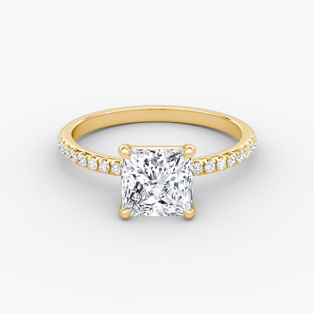 Princess Cut - Pave Band - Classic Engagement Ring- 18 K Gold