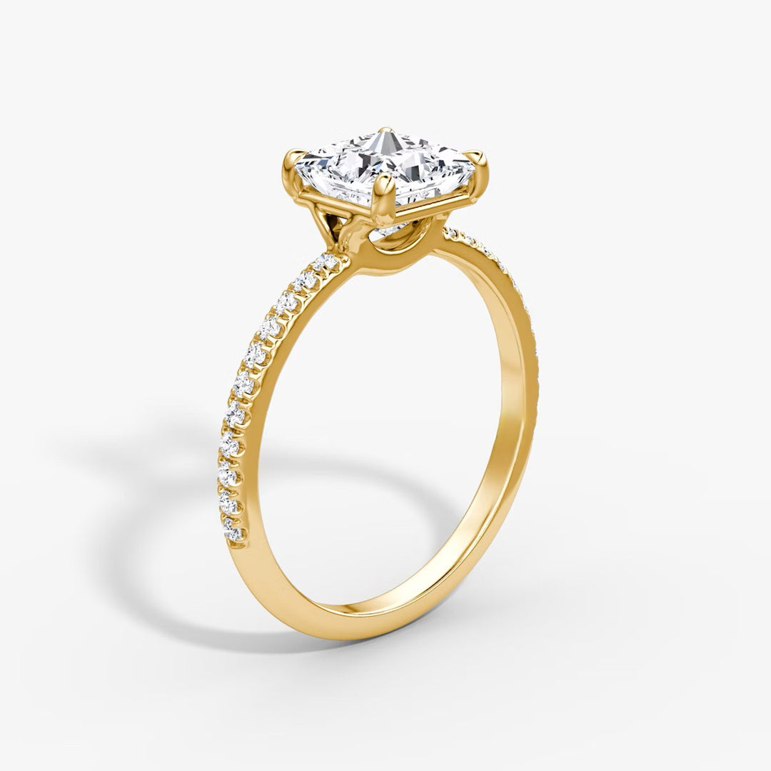 Princess Cut - Pave Band - Classic Engagement Ring- 18 K Gold
