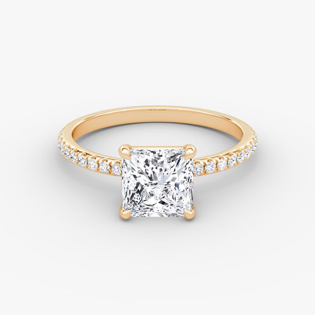 Princess Cut - Pave Band - Classic Engagement Ring- 18 K Gold