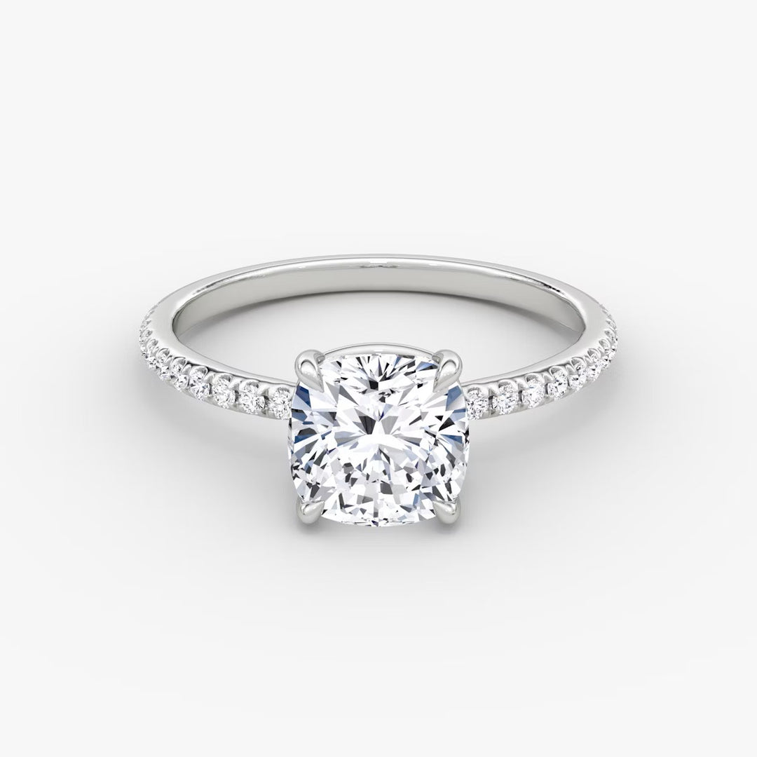 Cushion Cut - Pave Band - Classic Engagement Ring- 18 K Gold