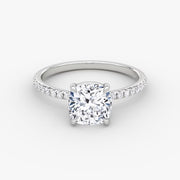 Cushion Cut - Pave Band - Classic Engagement Ring- 14 K Gold