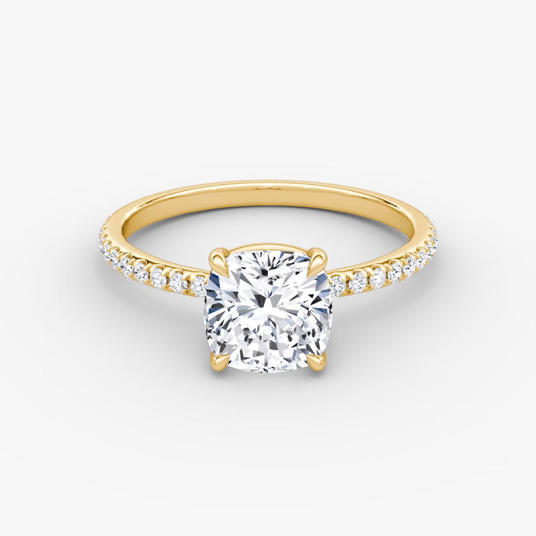 Cushion Cut - Pave Band - Classic Engagement Ring- 18 K Gold