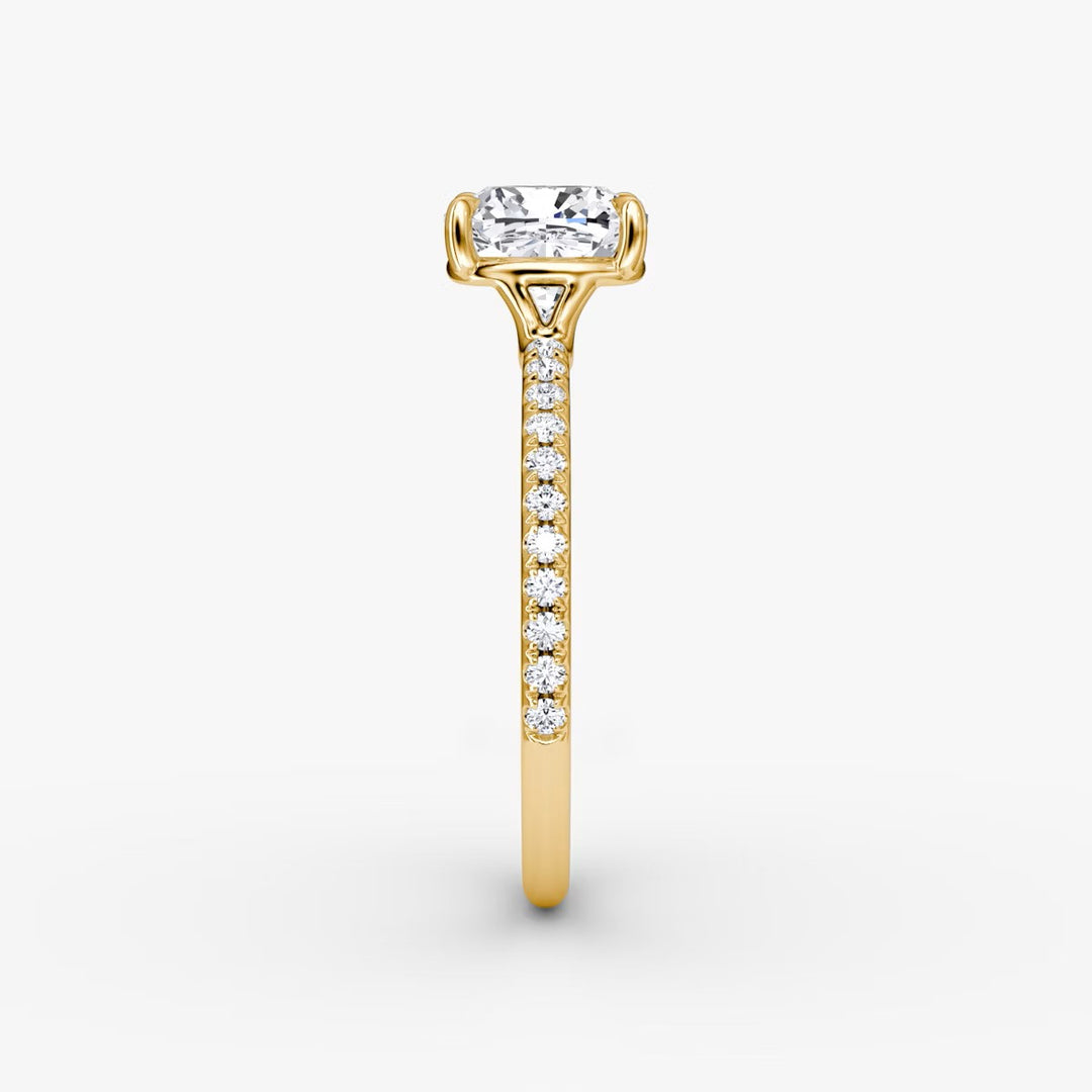Cushion Cut - Pave Band - Classic Engagement Ring- 18 K Gold