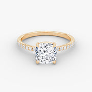 Cushion Cut - Pave Band - Classic Engagement Ring- 14 K Gold