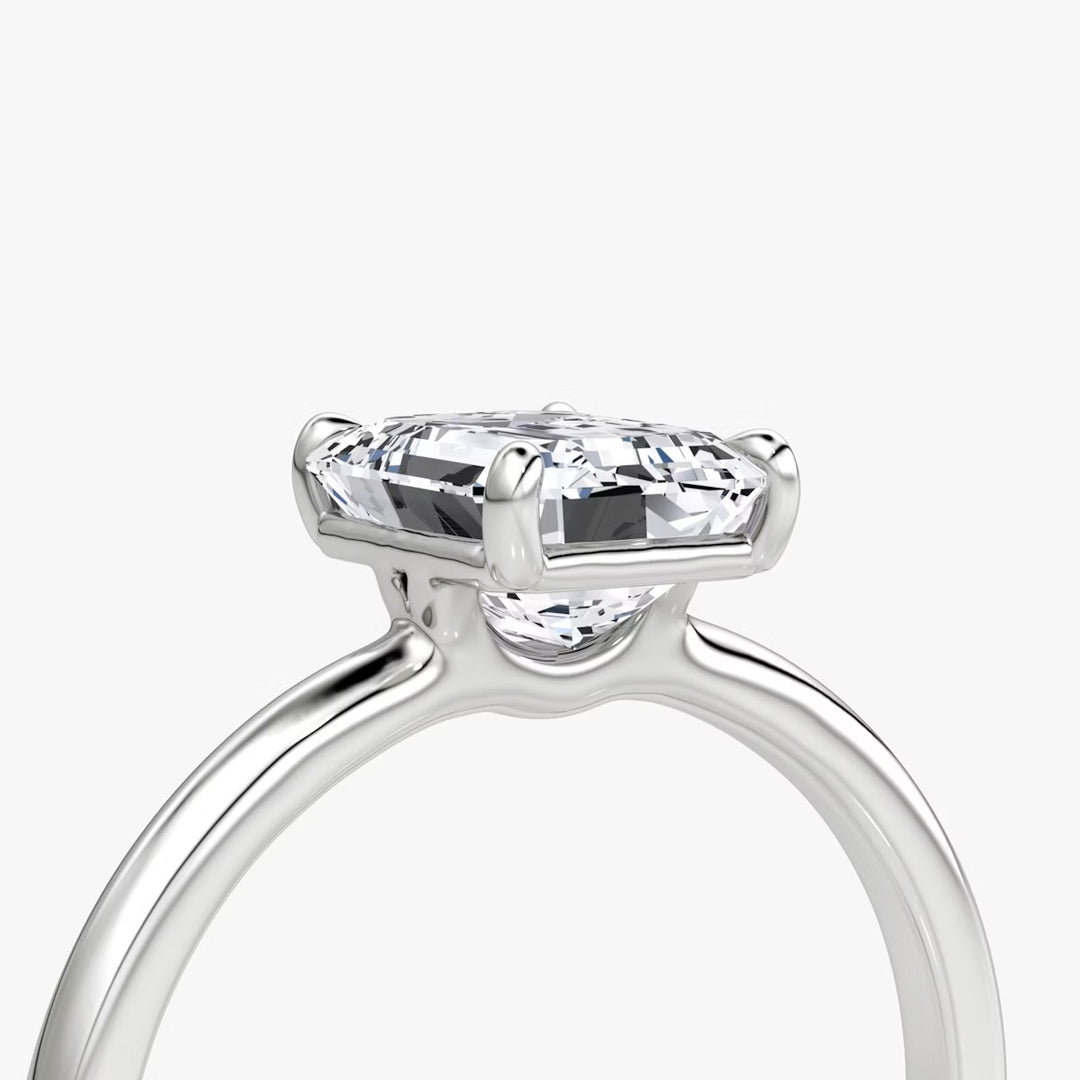 Emerald Cut - Plain Band - Classic Engagement Ring- 14 K Gold